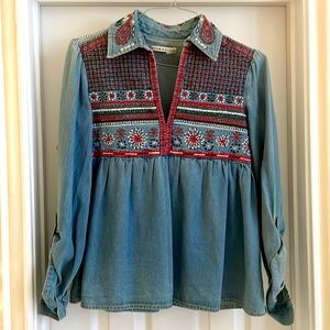 Alice + Olivia Karly Embroidered Denim Top